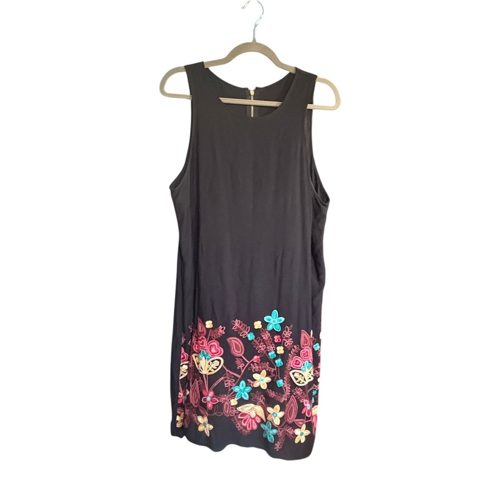 Shift Dress L/XL Black Floral Embroidered Sleeveless Boho Colorful ArtsyZip Back